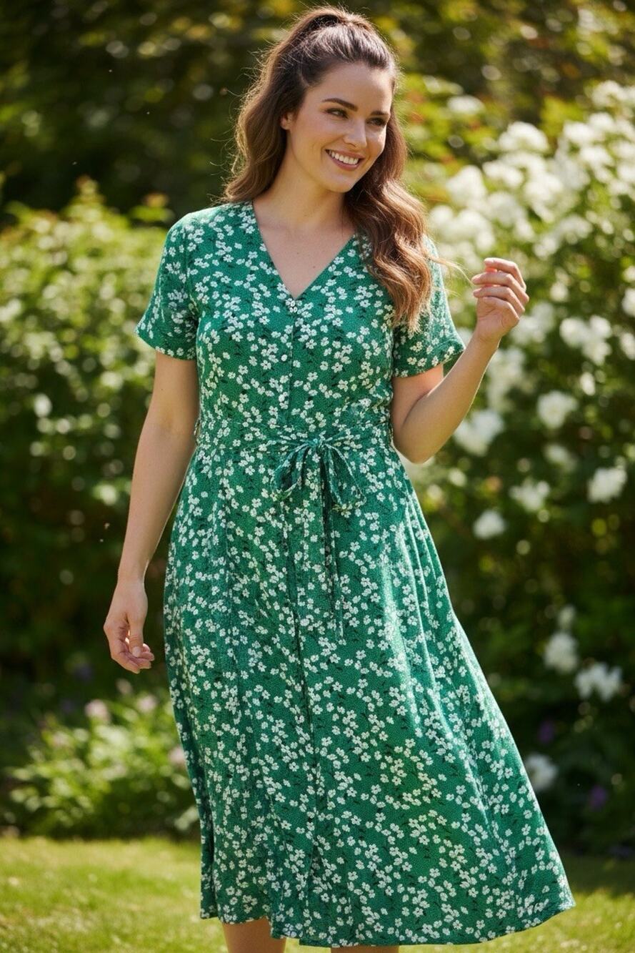 LOFT Plus Women's Size 18 Green Floral Midi Belted Button Front V-Neck Dress
